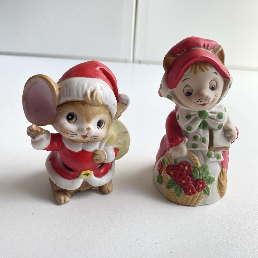 Vintage Set Of 2 Homco Santa Christmas Mouse Holiday cat Figurines Bell Taiwan
